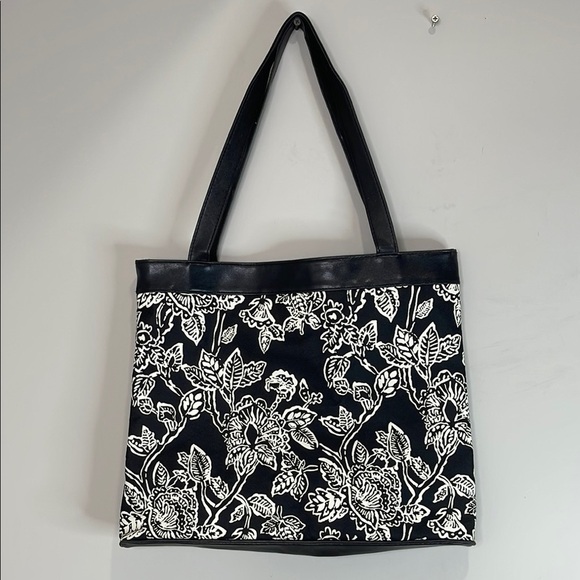 Floral Black and Ivory Tote Bag Faux And Canvas Snap Closure Lined Beach - Picture 11 of 11
